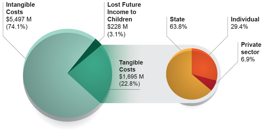 Summary Figure 1: One chart representing the proportion of costs in 2009 that were tangible, intangible, and lost future income to children, and a second chart representing the proportion of tangible costs in 2009 that were paid by the state, individuals, and the private sector.
