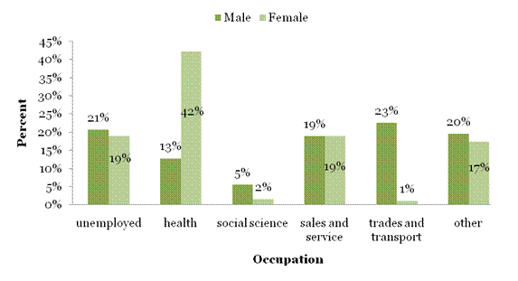 Figure 3: A vertical bar chart representing the most common occupation of the accused in elder abuse cases reported to the Ottawa Police Service from 2005 to 2010 broken down by sex.