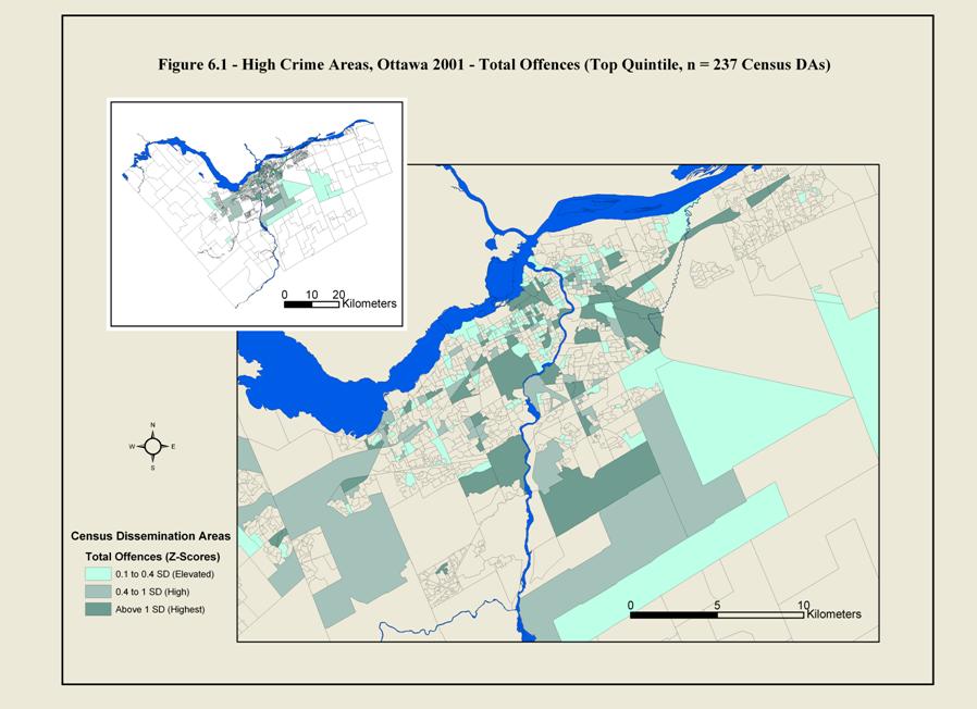 Figure 6.1 This is a map of Ottawa showing the boundaries of census dissemination areas. The shaded areas are those with high overall crime rates in 2001. The downtown areas had high overall crimes but some suburban areas too.