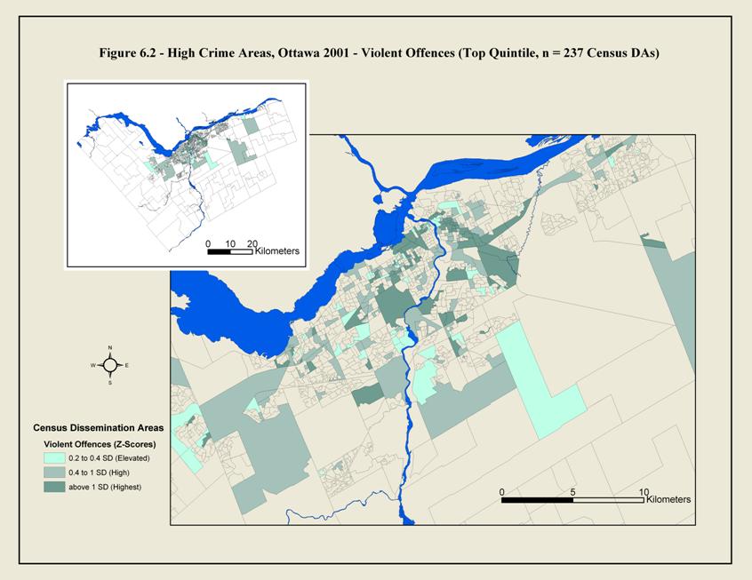 Figure 6.2 This is a map of Ottawa showing the boundaries of census dissemination areas. The shaded areas are those with high violent crime rates in 2001. The downtown areas had high violent crimes but some suburban areas too.
