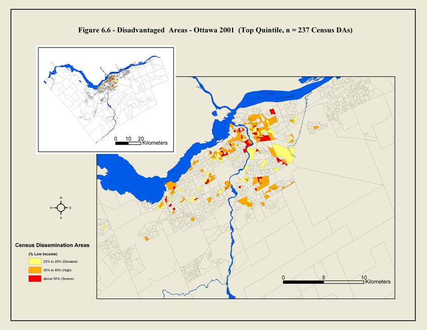 Figure 6.6 This is a map of Ottawa showing the boundaries of census dissemination areas. The coloured areas are called disadvantaged areas, mostly because of the low income population. They concentrate in a zone south and east of downtown.