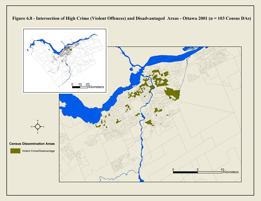 Figure 6.8 This is a map of Ottawa showing the boundaries of census dissemination areas. The coloured areas are those that have both high violent crime rates and low income. They concentrate in a zone south and east of downtown.
