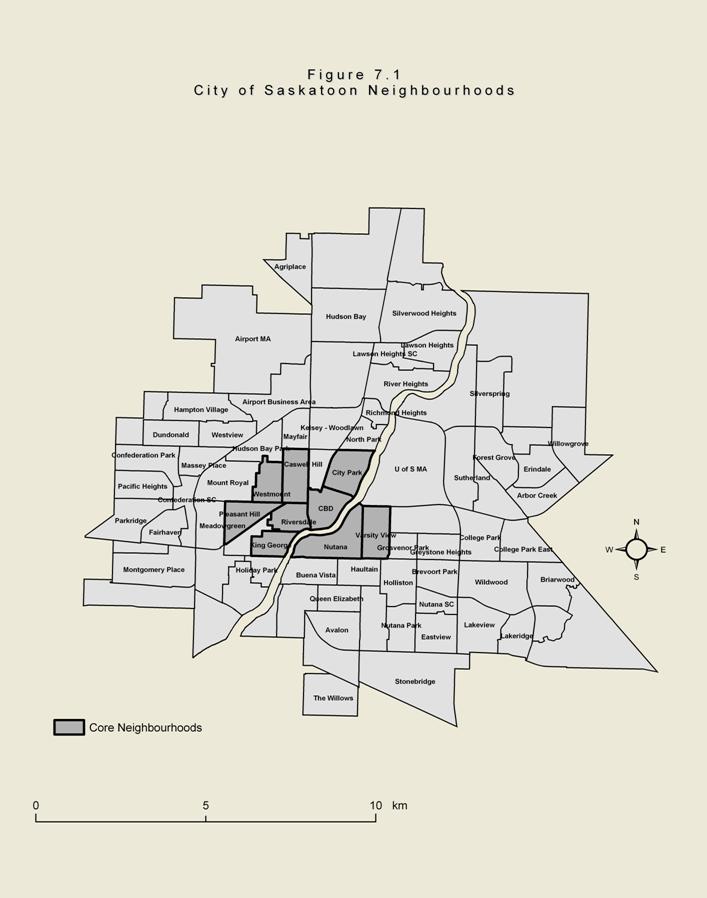 Figure 7.1 The is a map of Saskatoon showing the boundaries of separate neighbourhoods of the city.