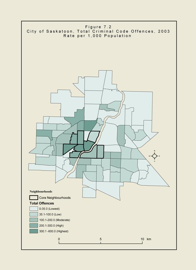 Figure 7.2 - City of Saskatoon, Total Criminal Code Offences, 2003, Rate per 1,000 Population 