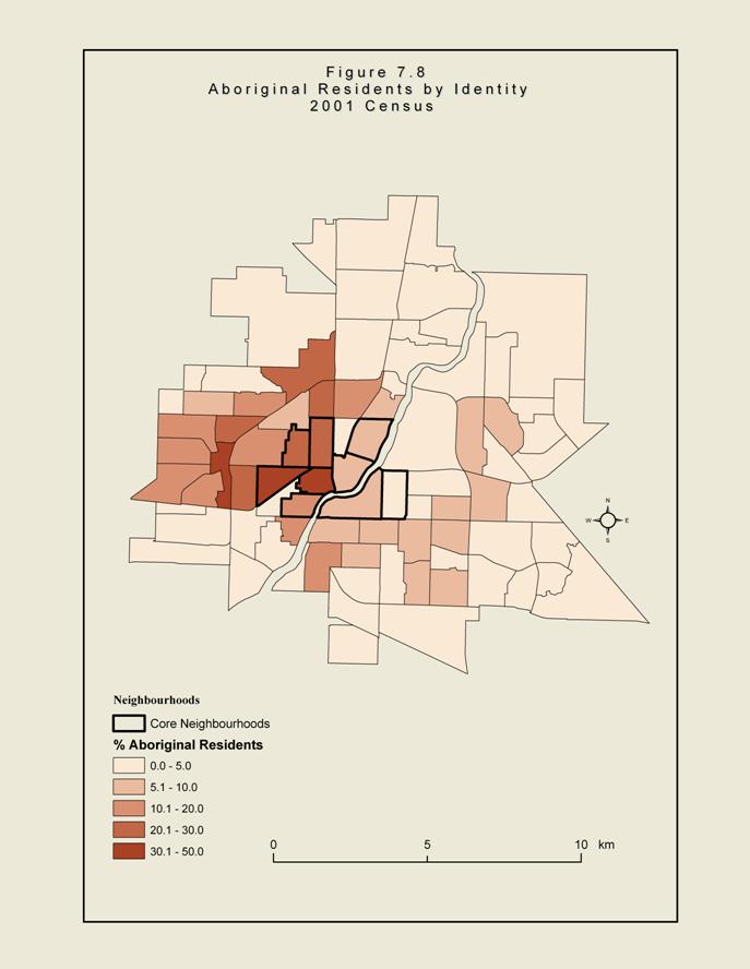 Figure 7.8 The is a map of Saskatoon showing the neighbourhoods of the city. The shaded areas are those that have a high proportion of aboriginal residents in 2001. They concentrate mostly near downtown and also to the north and the west.