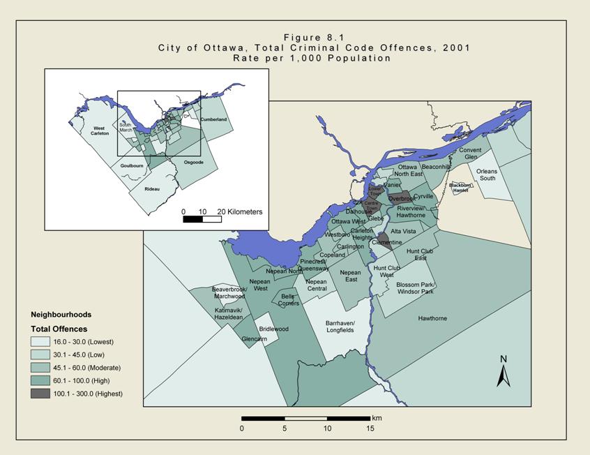This is a map of the city of Ottawa. The Shaded areas represent the number of criminal code violations in that area.
