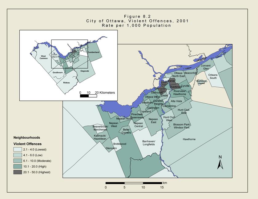 Figure 8.2 The is a map of Ottawa showing the neighbourhoods of the city. The shaded areas are those with high violent crime rates in 2001. They concentrate near downtown and to the east.