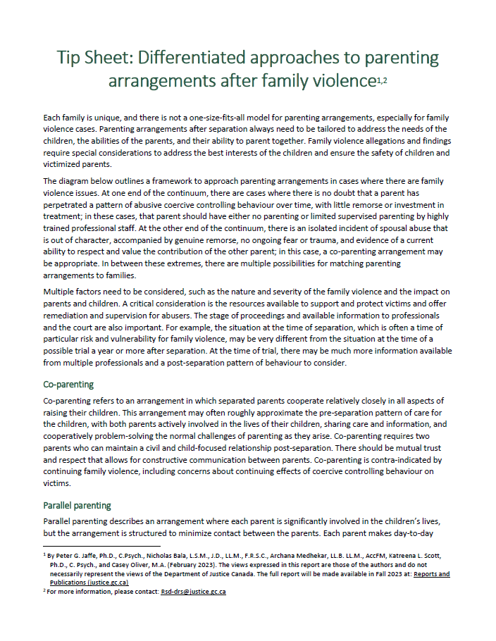 Supplement # 1: Differentiated approaches to parenting arrangements after family violence