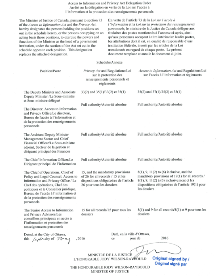 Access to Information Act and Privacy Act Delegation Order described below