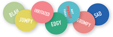 Image of buttons with various mental states (Happy, Calm, Anxious, Not Myself Today, and Fearful)