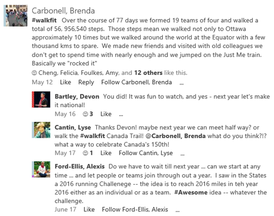 Screenshot image of a social media conversation. One employee posted a comment and three unique employees posted replies.