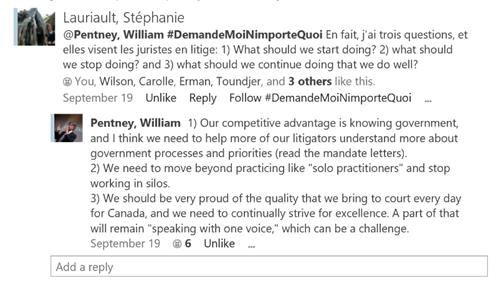 Screenshot image of a social media conversation where one employee posted a question and the Deputy Minister posted a reply.