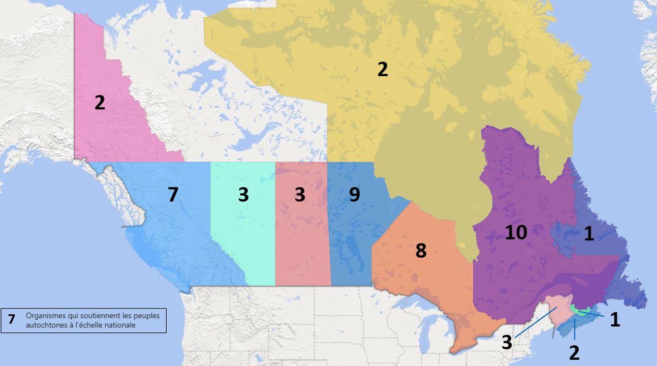 Une carte du Canada montre combien de soumissions de partenaires autochtones Justice Canada a reçu