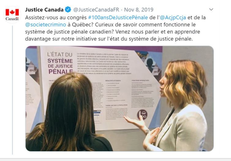 Image 5. Le ministère de la Justice au Congrès 2019 : 100 ans de justice pénale à Québec, novembre 2019.