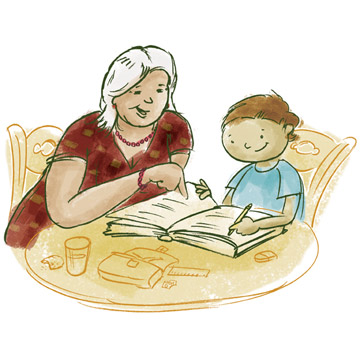 Olivier en train de faire ses devoirs avec sa grand-mère