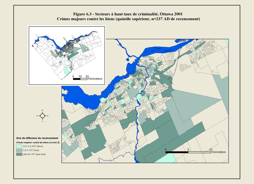 Figure 6.3 - Carte de la ville d’Ottawa illustrant les limites des secteurs de diffusion du recensement. Les zones ombrées montrent les secteurs où le taux de crimes majeurs contre les biens était élevé en 2001. Ces crimes comprenaient l’introduction par effraction et le vol d’objets de valeur tels que des véhicules motorisés. Le taux de crimes majeurs contre les biens était élevé au centre-ville, de même que dans certaines banlieues.