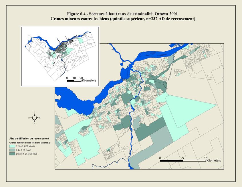 Figure 6.4 - Carte de la ville d’Ottawa illustrant les limites des secteurs de diffusion du recensement. Les zones ombrées montrent les secteurs où le taux de crimes mineurs contre les biens était élevé en 2001. Ces crimes comprenaient le vol à l’étalage et la fraude. Le taux de crimes mineurs contre les biens était élevé au centre-ville, de même que dans certaines banlieues.