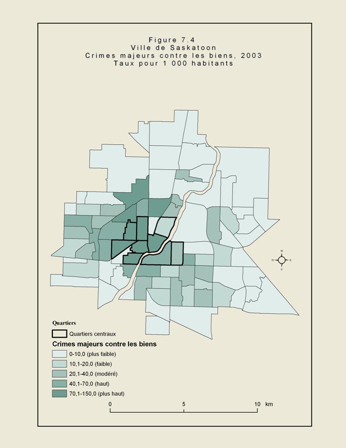 Figure 7.4 - Carte de la ville de Saskatoon illustrant les quartiers de la ville. Les zones ombrées montrent les secteurs où le taux de crimes majeurs contre les biens était élevé en 2003. Les crimes comprenaient l’introduction par effraction et le vol d’objets de valeur. Le secteur ayant le taux le plus élevé s’étend du centre-ville vers le nord, la criminalité étant répartie également entre les deux zones.