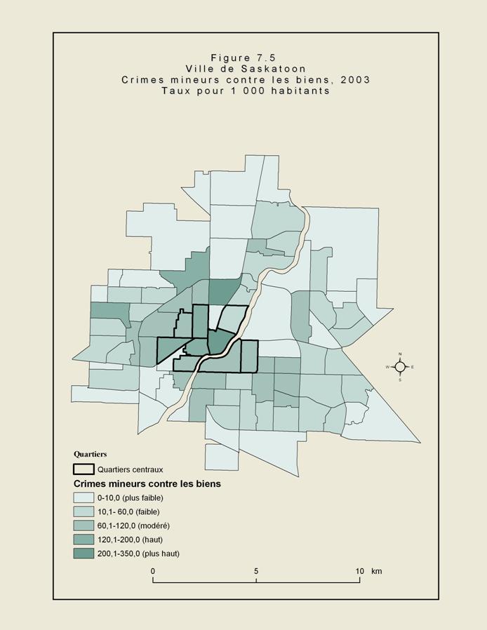 Figure 7.5 - Carte de la ville de Saskatoon illustrant les quartiers de la ville. Les zones ombrées montrent les secteurs où le taux de crimes mineurs contre les biens était élevé en 2003. Les crimes comprenaient le vol à l’étalage et la fraude. Les secteurs ayant le taux le plus élevé se situaient près du centre-ville et vers le nord.