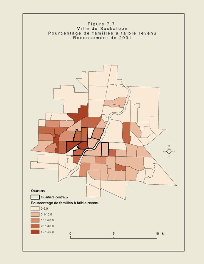 Figure 7.7 - Carte de la ville de Saskatoon illustrant les quartiers de la ville. Les zones ombrées montrent les secteurs où les familles avaient un faible revenu en 2001. Ces secteurs se situaient surtout près du centre-ville, mais aussi un peu partout autour.