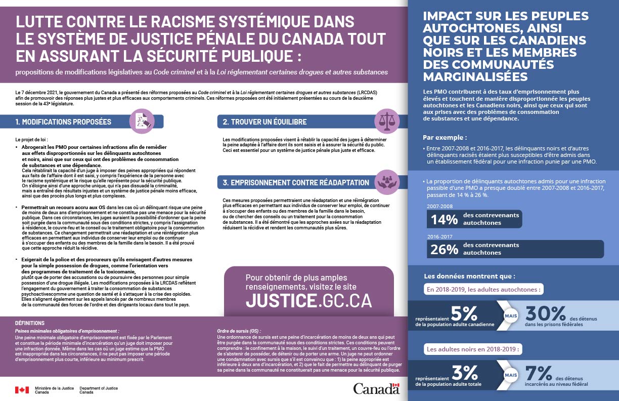 Infographique : Lutte contre le racisme systémique dans le système de justice pénale du Canada tout en assurant la sécurité publique&nbsp;: propositions de modifications législatives au Code criminel et à la Loi réglementant certaines drogues et autres substances